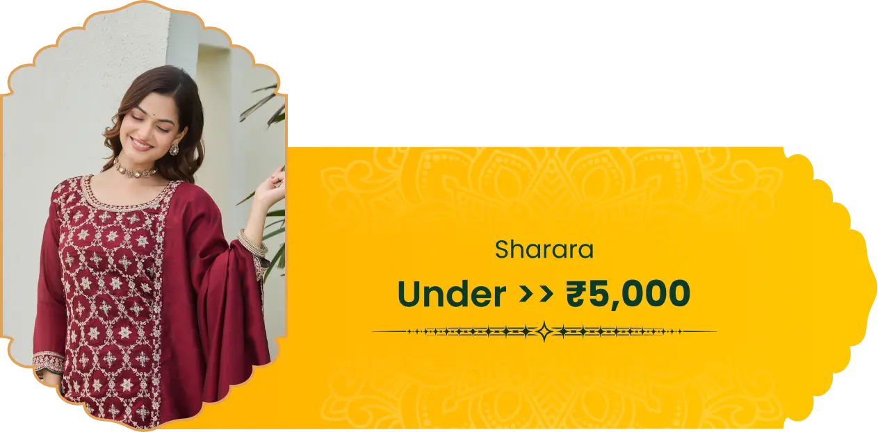 Woman wearing a red sharara with white patterns, standing against a neutral background. Yellow banner with text 'Sharara Under >> ₹5,000' on a yellow background.