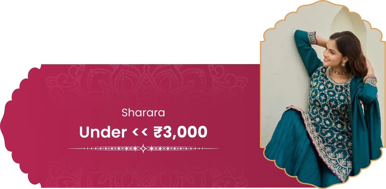 Teal sharara with decorative patterns on a white background, featuring text about price and product name.
