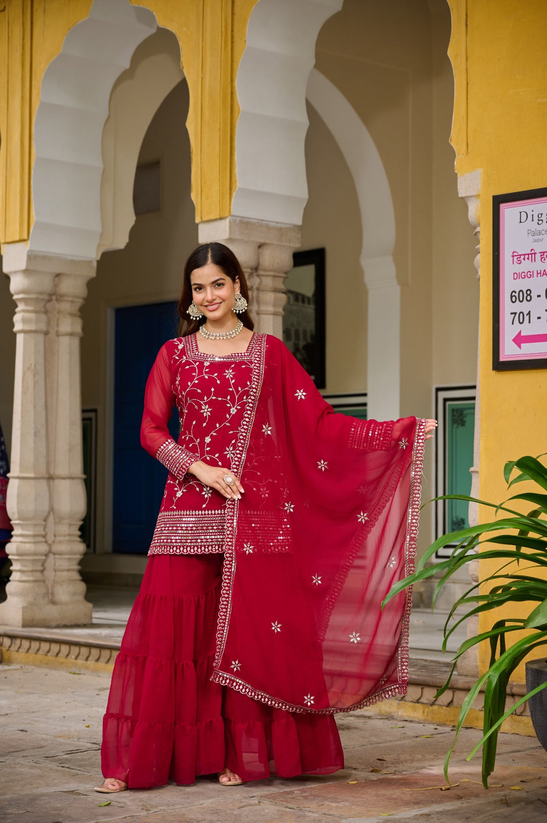 Premium Maroon Embroidered Sharara Suit for Women | Designer Festive Ethnic Wear Set | Partywear Georgette Sharara With Dupatta