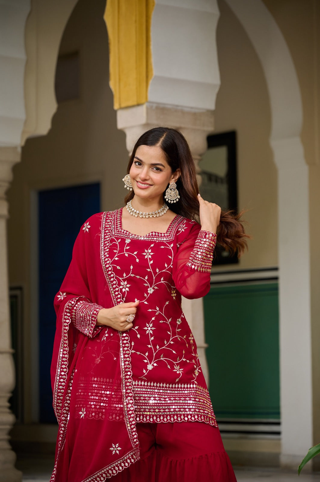 Premium Maroon Embroidered Sharara Suit for Women | Designer Festive Ethnic Wear Set | Partywear Georgette Sharara With Dupatta