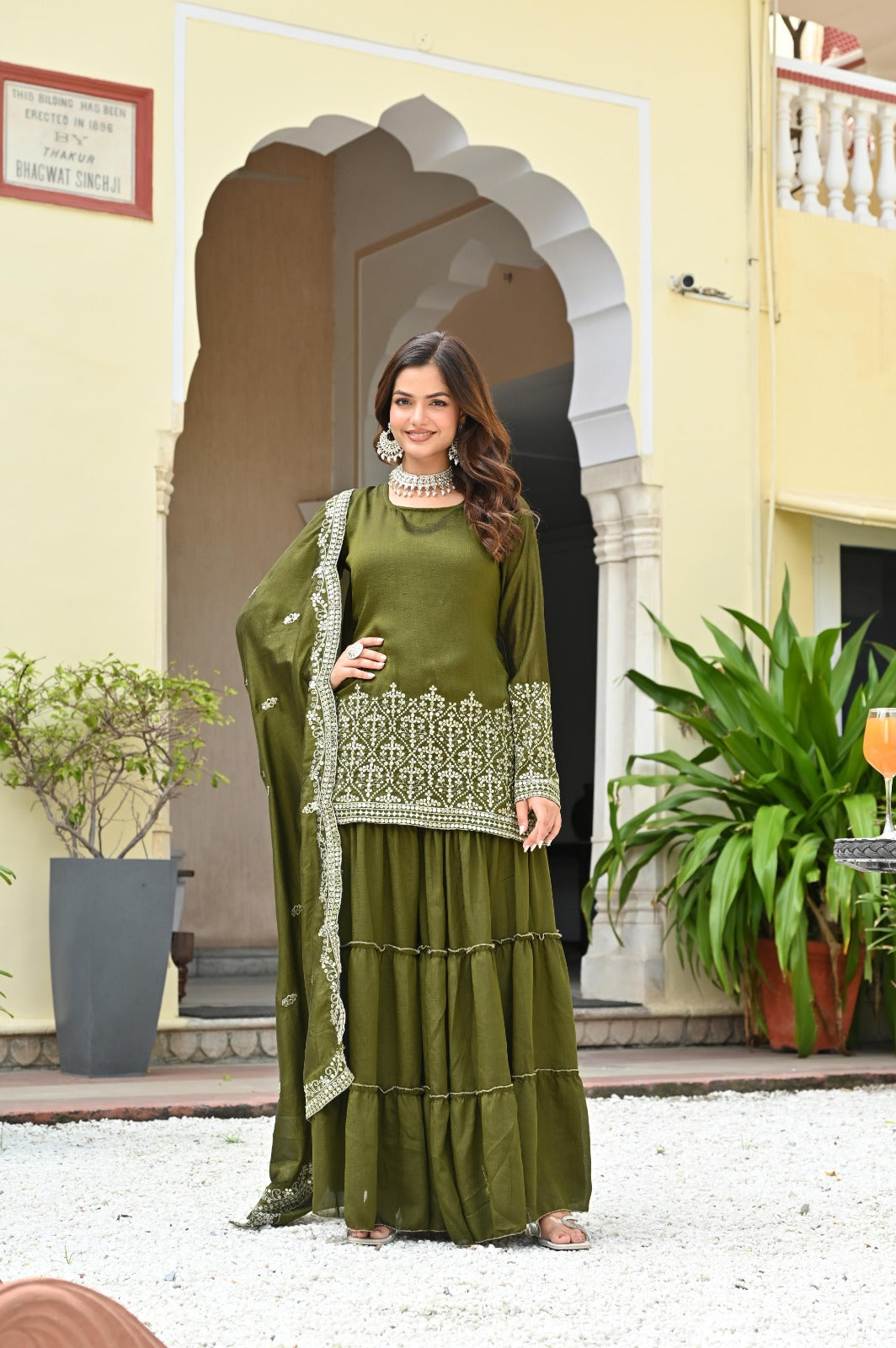 Mahendi Green Embroidered Sharara Suit Set For Women | Premium Festive Ethnic Wear | Designer Georgette Kurta With Dupatta