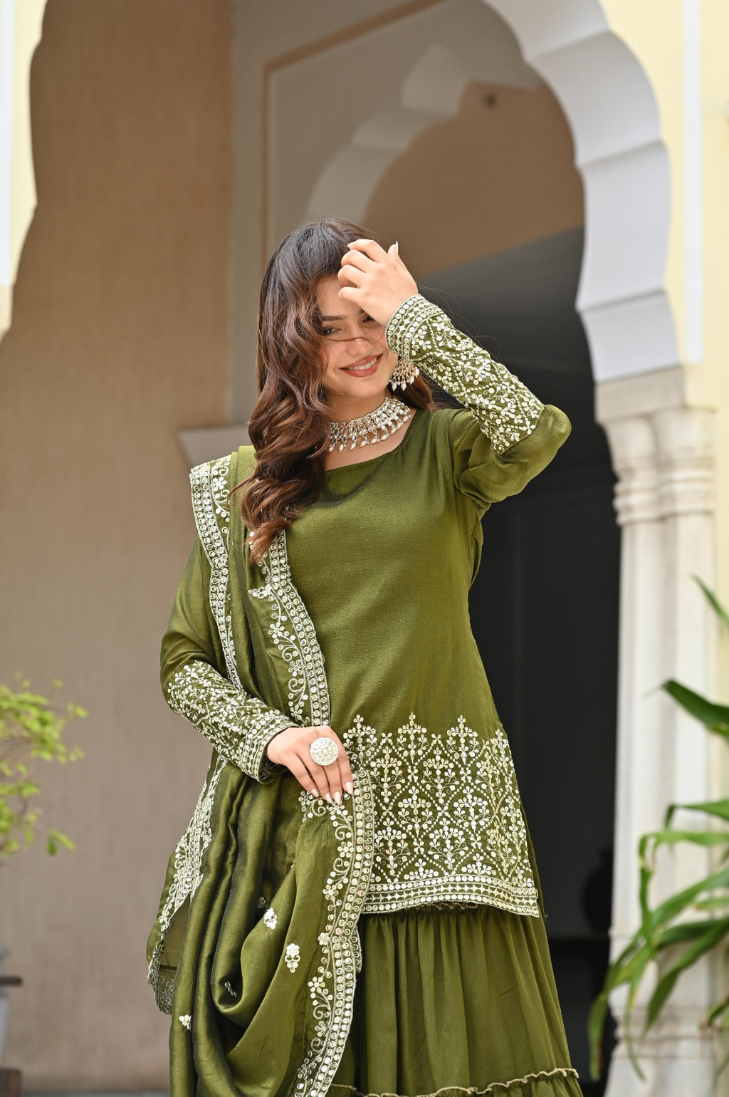 Mahendi Green Embroidered Sharara Suit Set For Women | Premium Festive Ethnic Wear | Designer Georgette Kurta With Dupatta