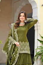 Mahendi Green Embroidered Sharara Suit Set For Women | Premium Festive Ethnic Wear | Designer Georgette Kurta With Dupatta