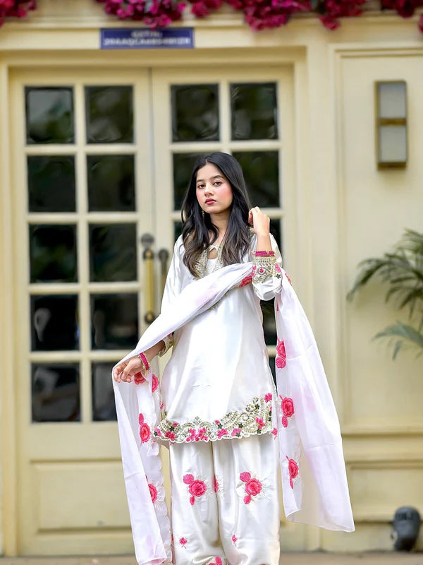 Farshi Salwar Suit with Floral Embroidery & Dupatta