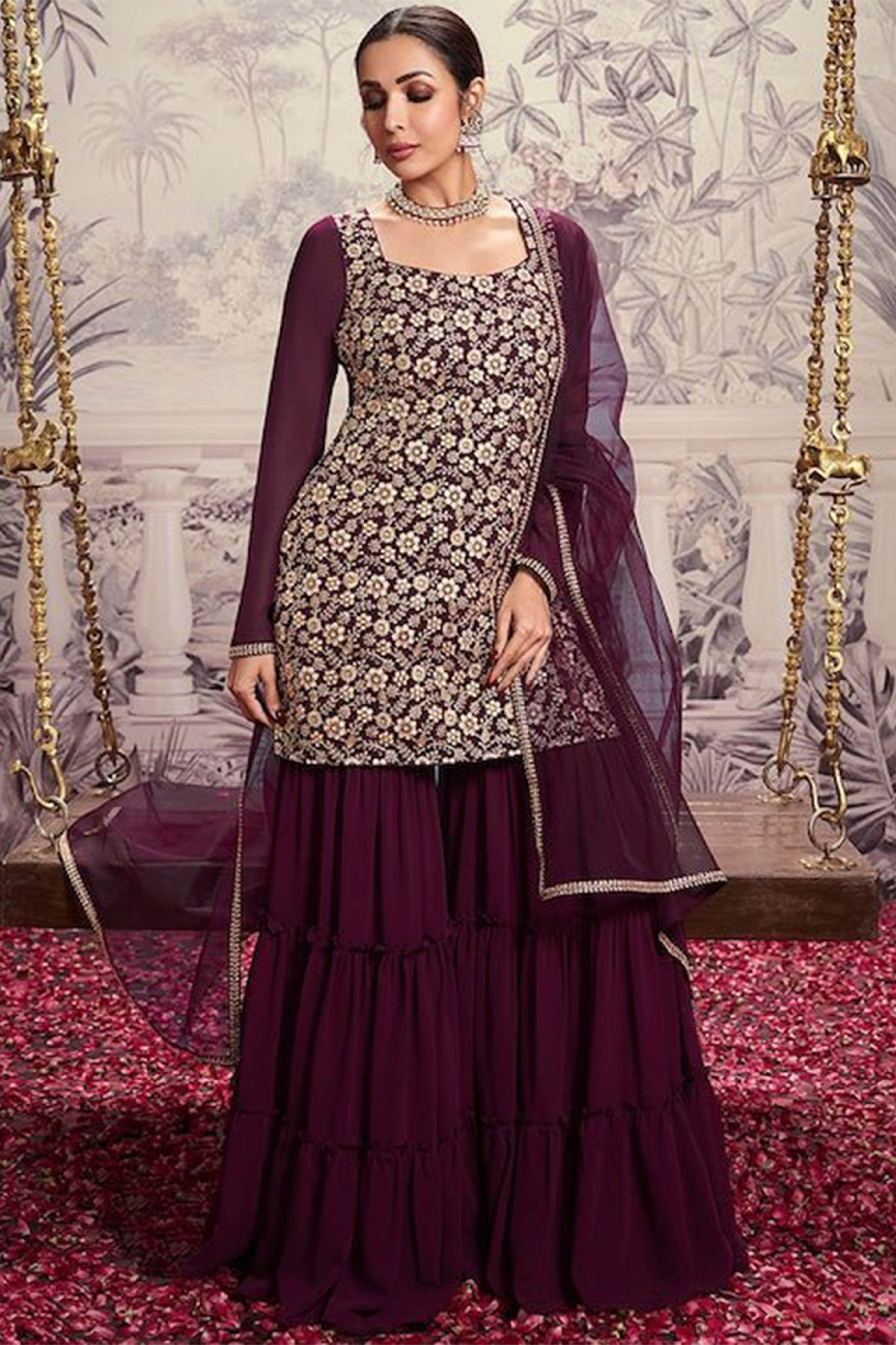 Designer Wine Purple Embroidered Sharara Suit for Women | Heavy Sequence Work Festive & Wedding Wear Set