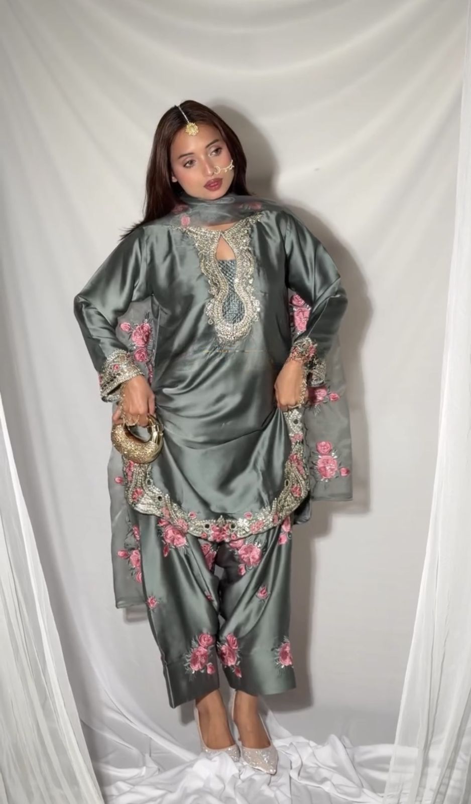 Farshi Salwar Suit with Floral Embroidery & Dupatta