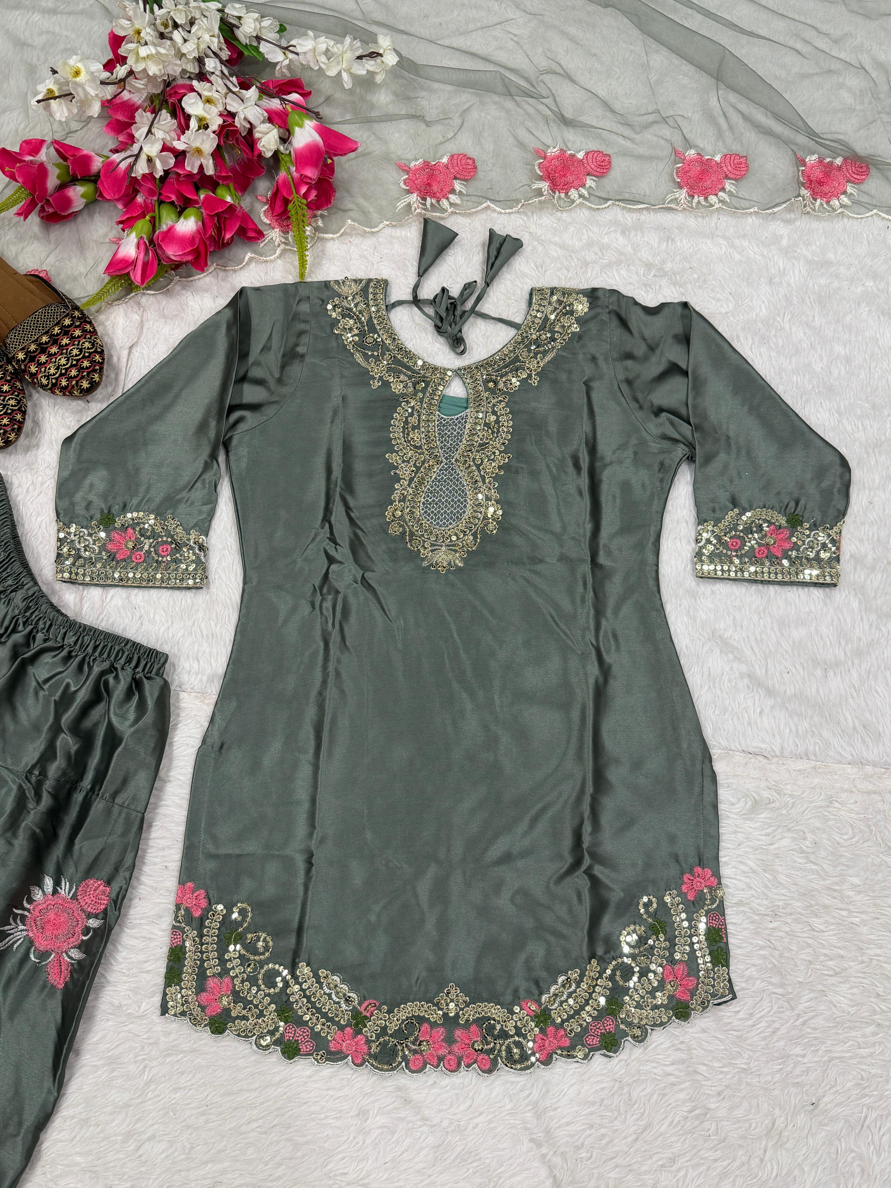 Farshi Salwar Suit with Floral Embroidery & Dupatta