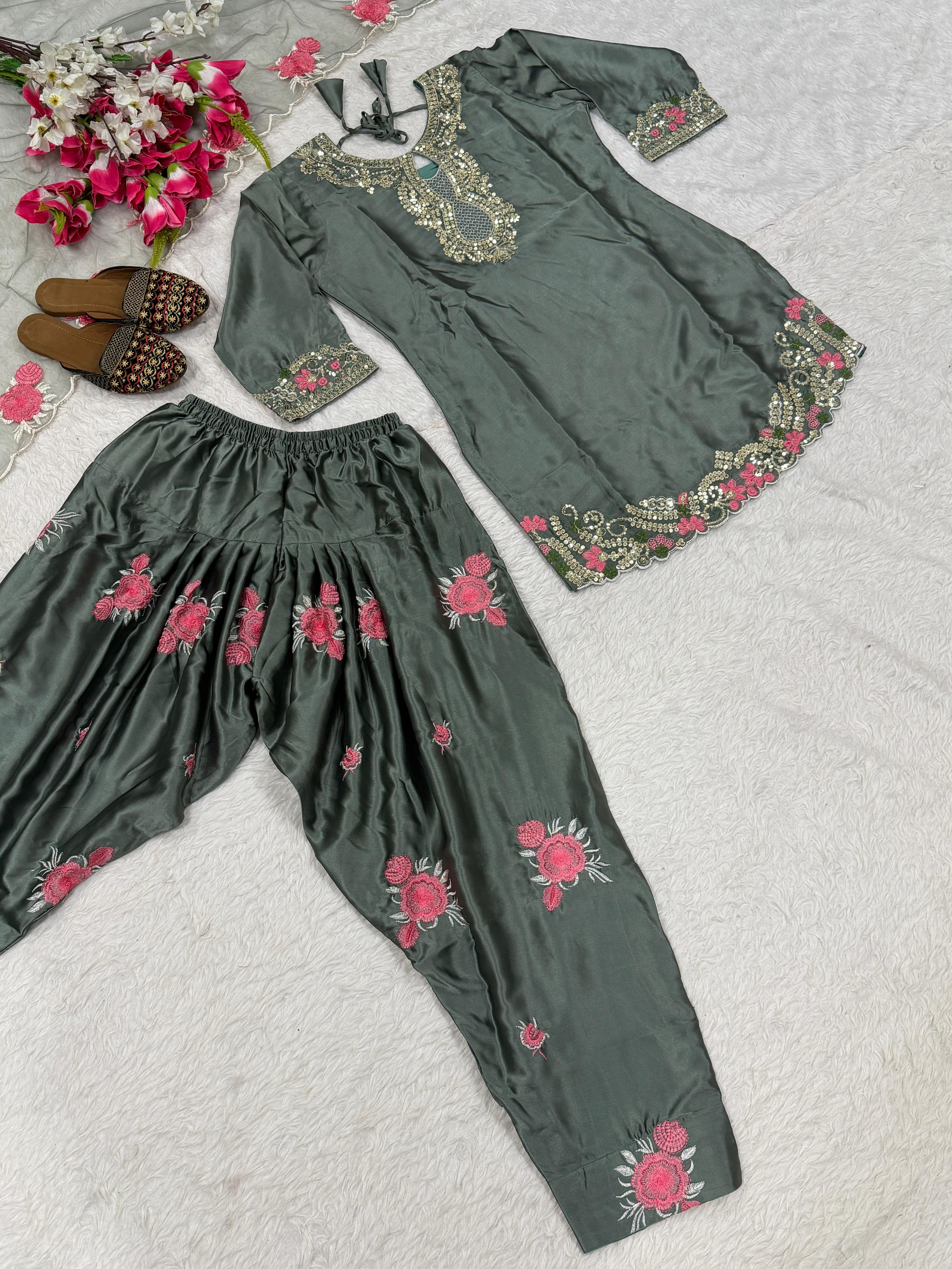 Farshi Salwar Suit with Floral Embroidery & Dupatta