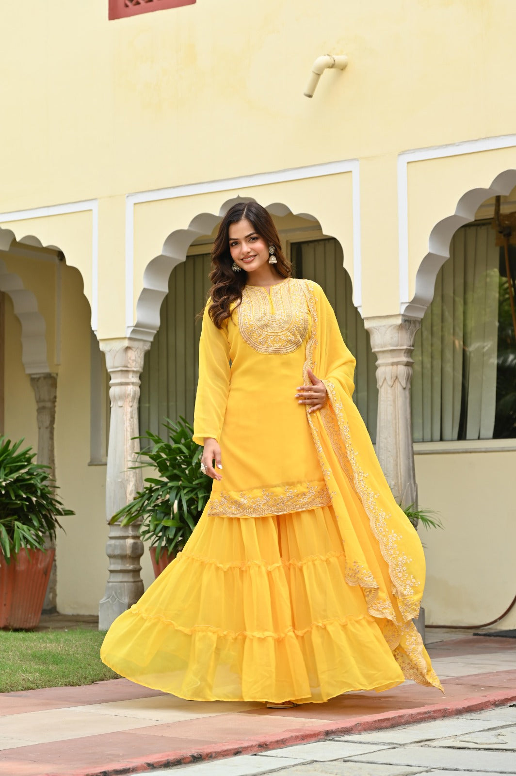 Yellow Embroidered Sharara Suit Set For Women | Premium Festive & Haldi Ceremony Ethnic Wear With Dupatta