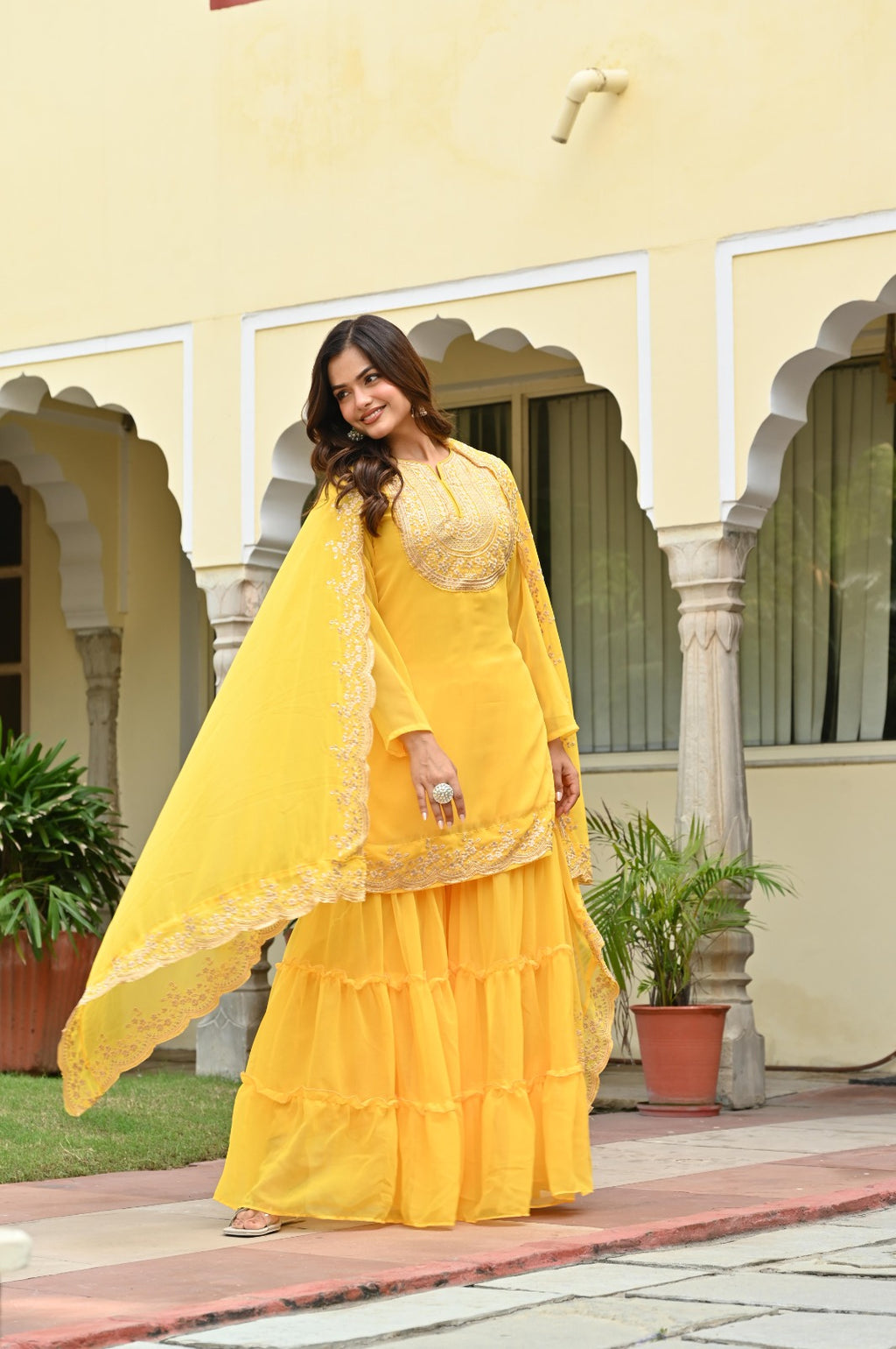 Yellow Embroidered Sharara Suit Set For Women | Premium Festive & Haldi Ceremony Ethnic Wear With Dupatta