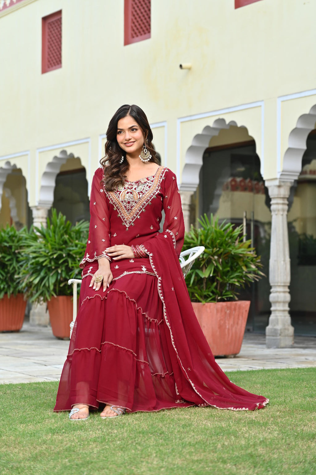 Maroon Embroidered Sharara Set For Women | Designer Festive Ethnic Wear | Premium Georgette Kurta With Dupatta