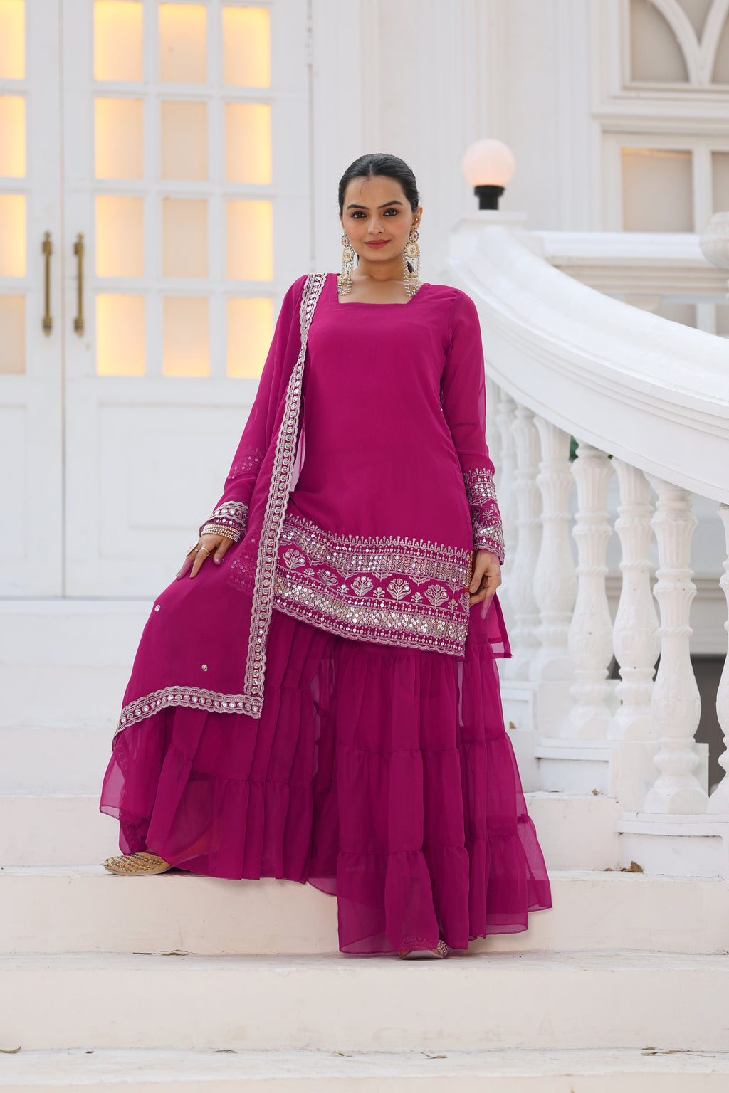 Magenta Pink Mirror Work Sharara Suit For Women | Designer Festive Indian Ethnic Wear Set