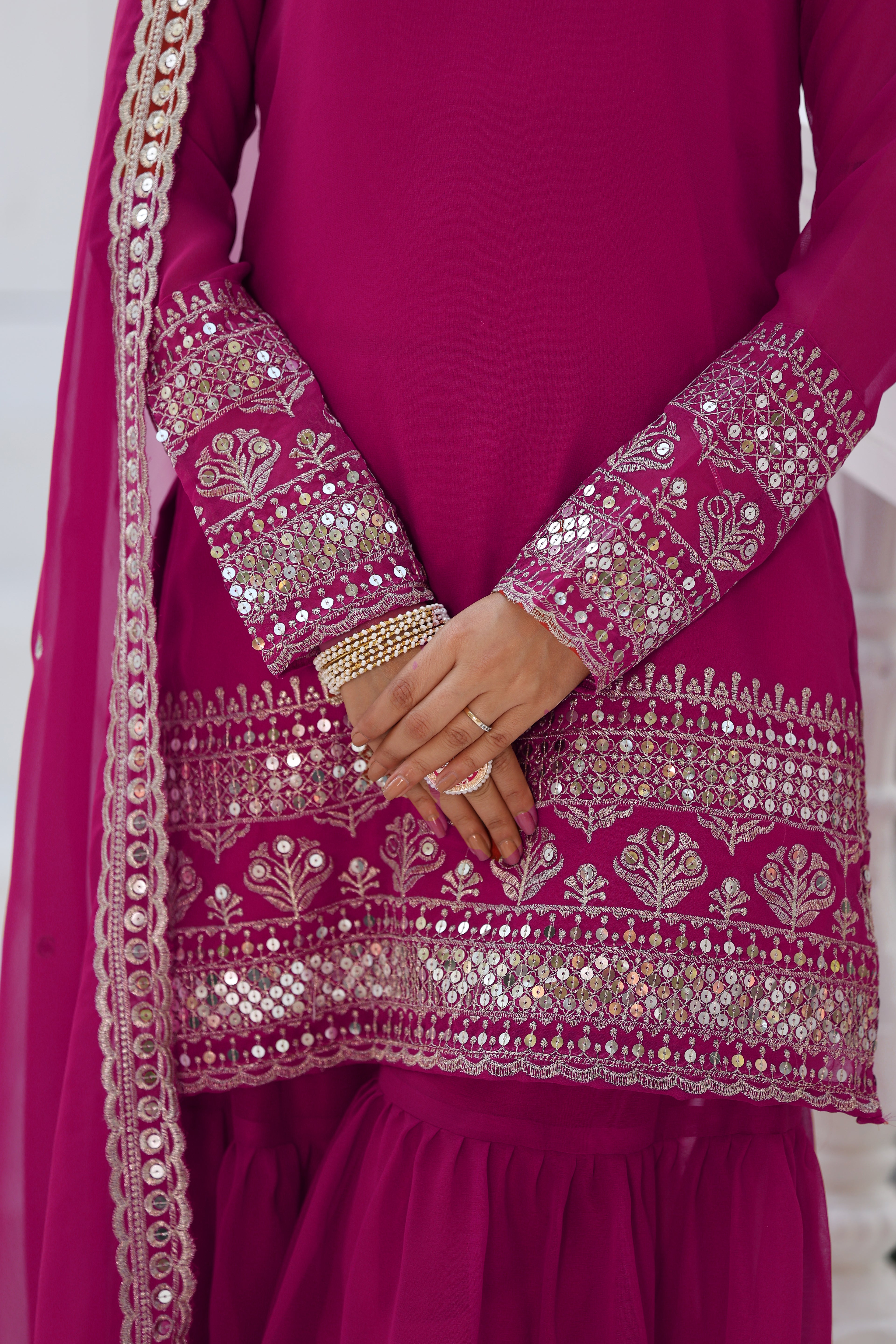Magenta Pink Mirror Work Sharara Suit For Women | Designer Festive Indian Ethnic Wear Set