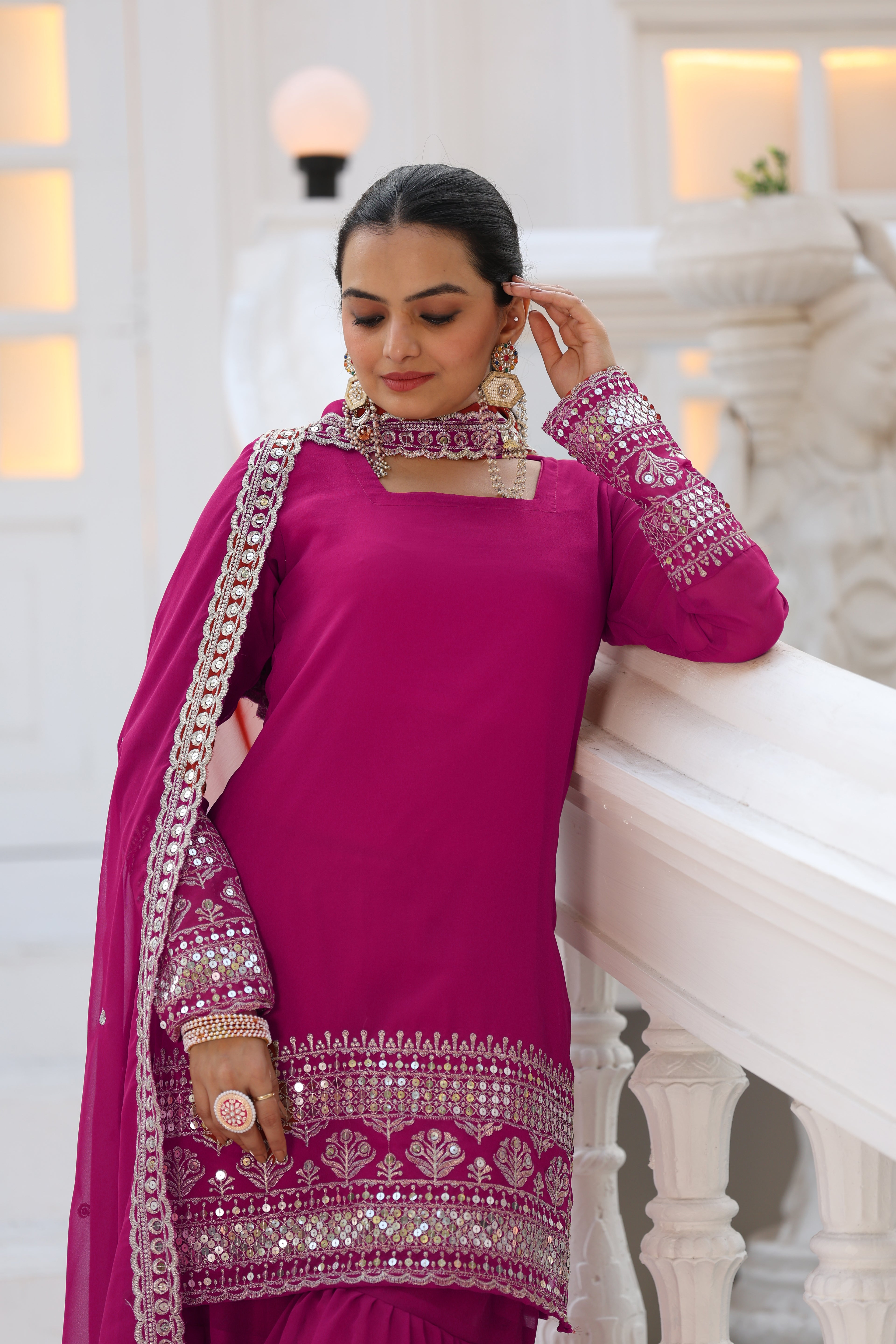 Magenta Pink Mirror Work Sharara Suit For Women | Designer Festive Indian Ethnic Wear Set
