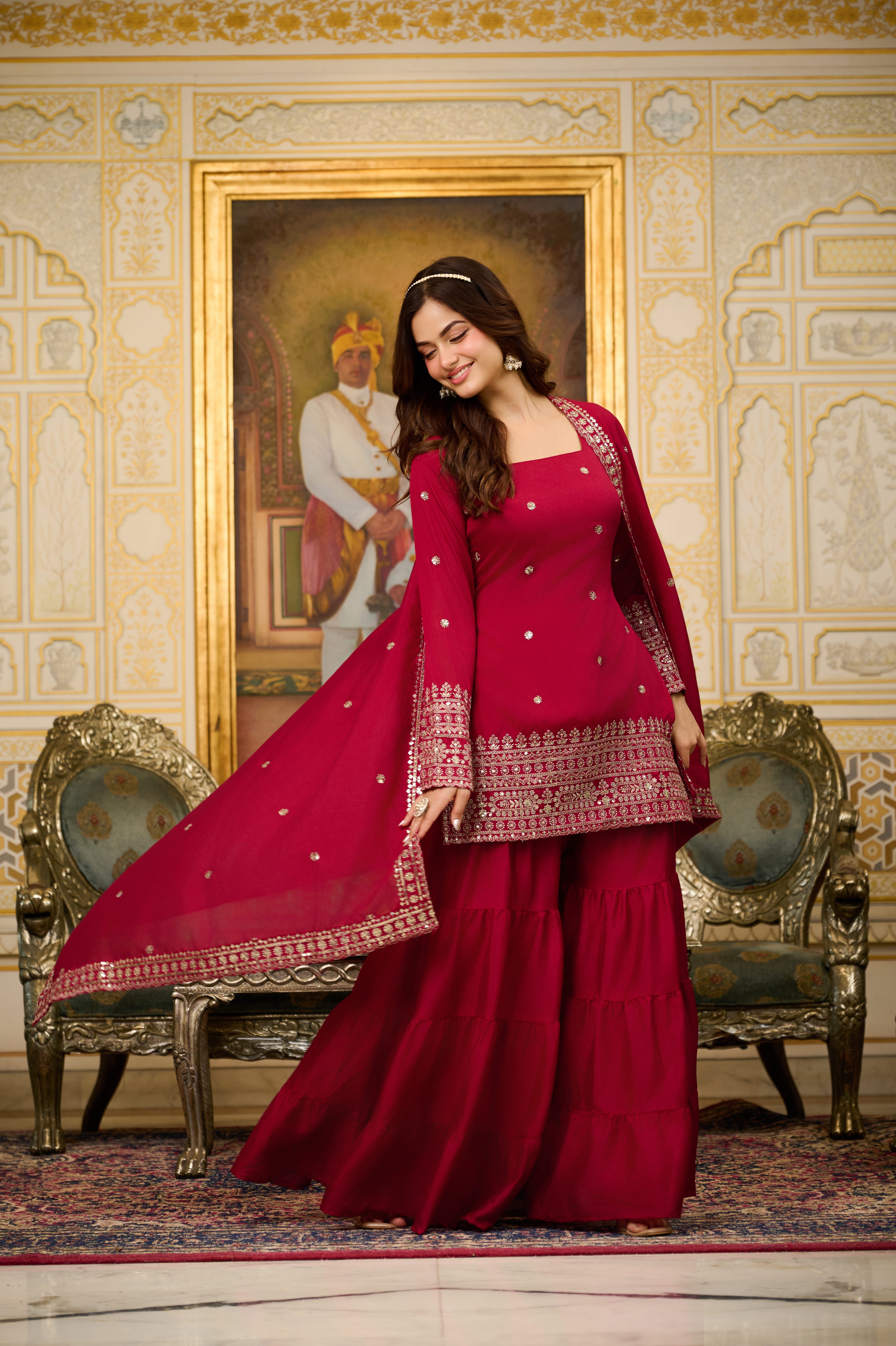 Rosy Pink Heavy Embroidered Sharara Suit for Women | Premium Wedding & Party Wear Salwar Suit with Designer Dupatta | Zari & Mirror Work