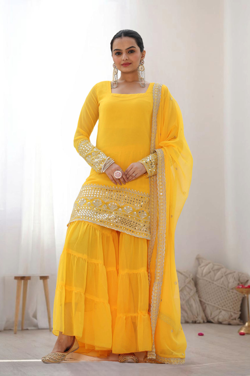Yellow Mirrorwork Sharara Set For Women | Designer Festive Wear Suit With Heavy Embroidery & Dupatta