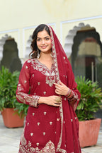 Maroon Embroidered Sharara Suit For Women | Designer Keyhole Neck Kurta Set | Festive Georgette Ethnic Wear