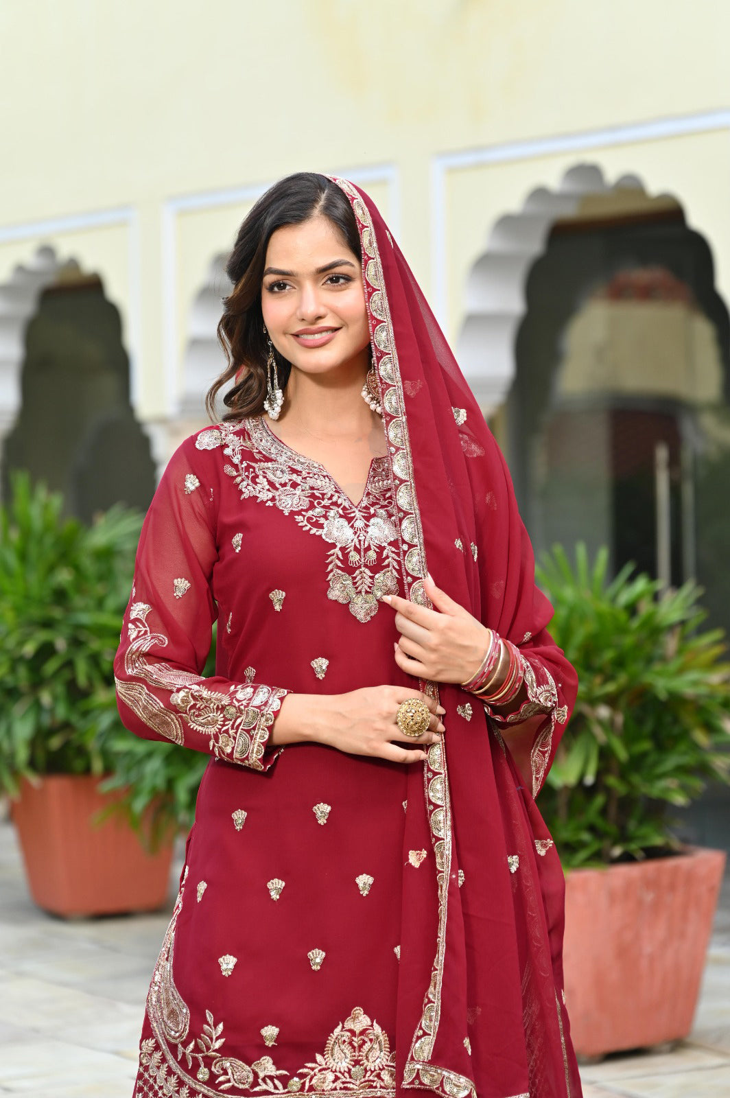 Maroon Embroidered Sharara Suit For Women | Designer Keyhole Neck Kurta Set | Festive Georgette Ethnic Wear