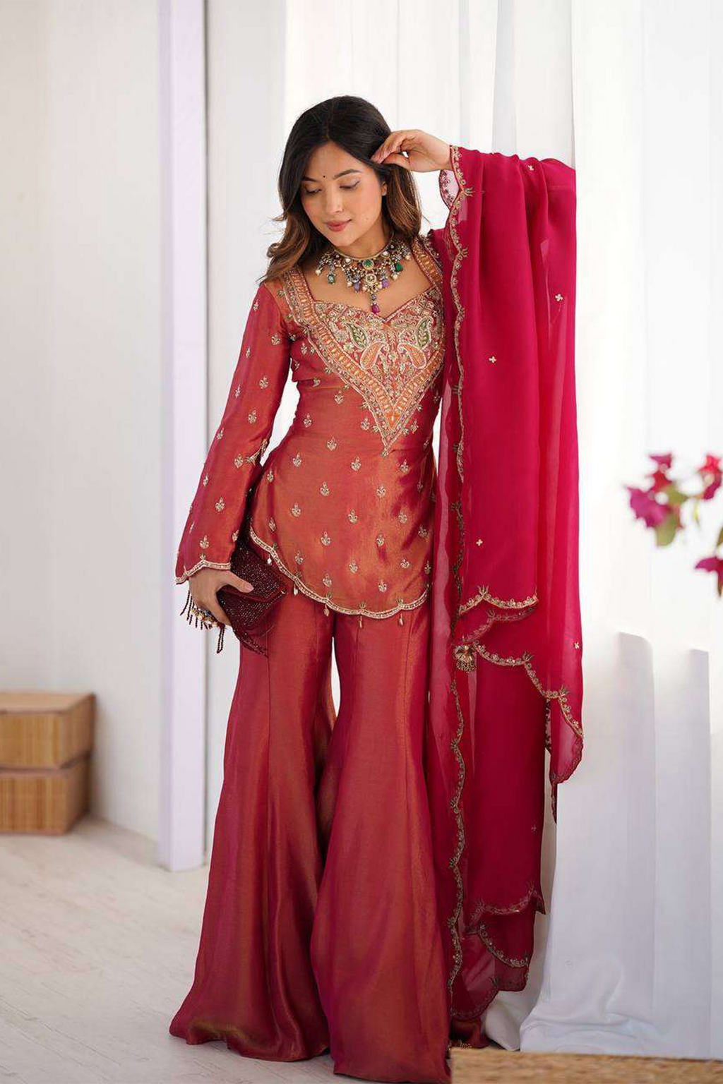 Designer Pink Embroidered Sharara Set For Women