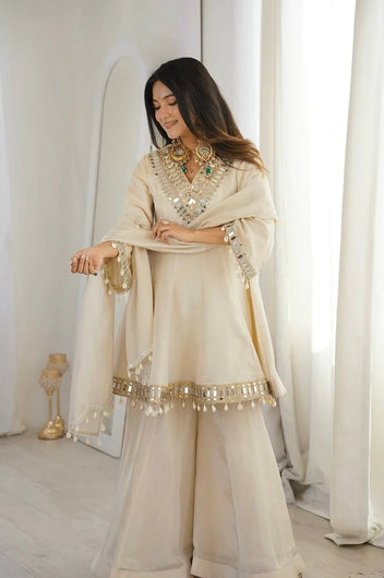 Ivory Organza Silk Sharara Set with Mirror Work for wedding