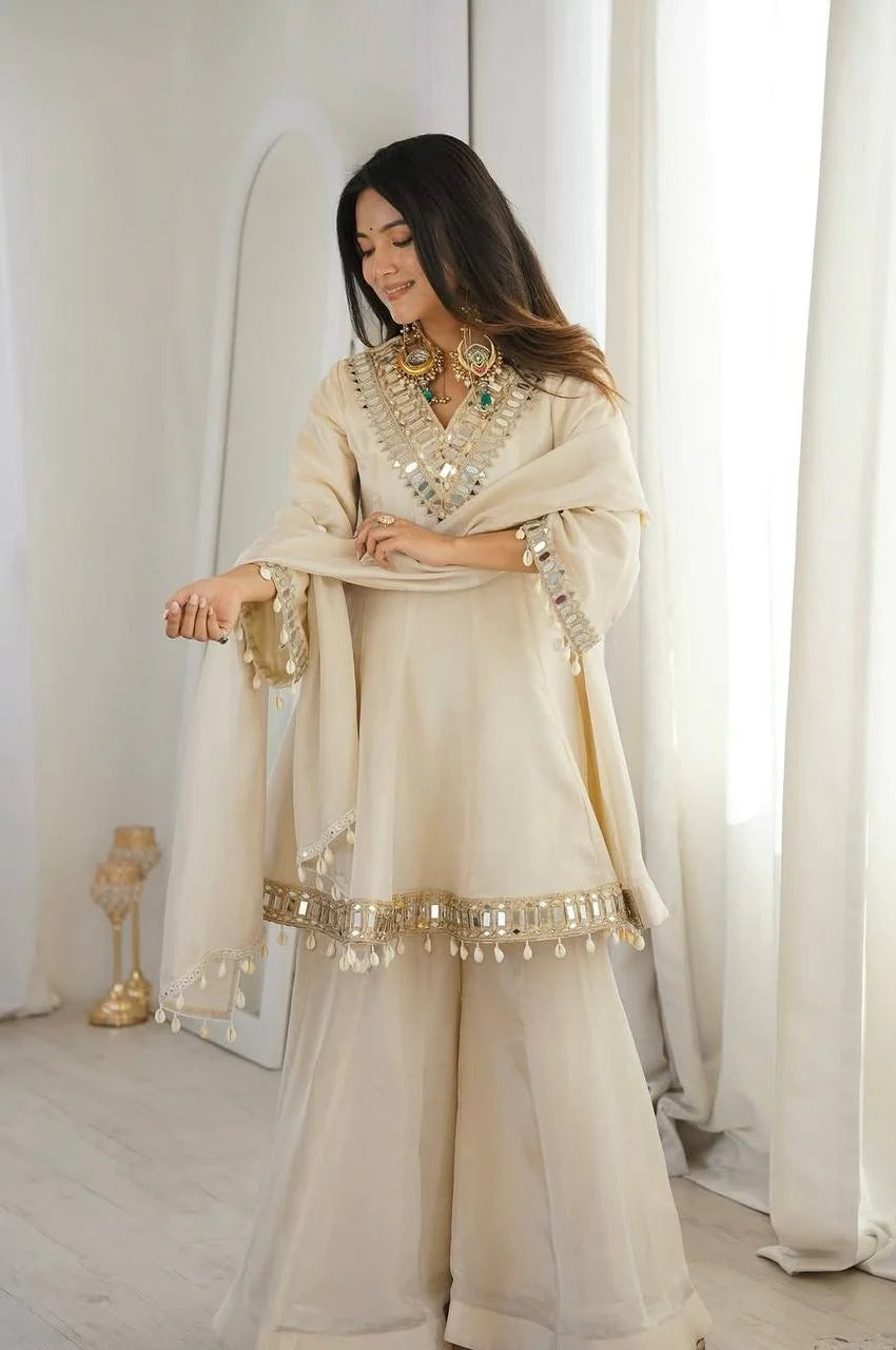 Ivory Organza Silk Sharara Set with Mirror Work (Wedding & Festive Wear)