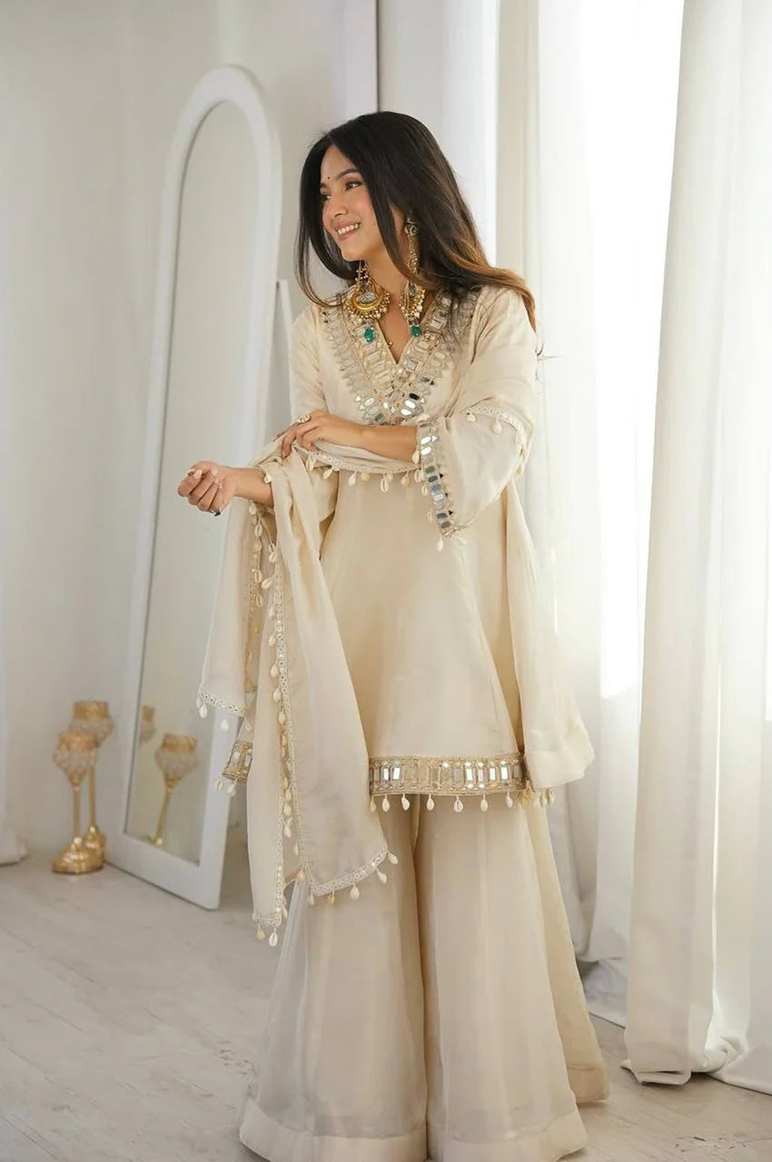 Ivory Organza Silk Sharara Set with Mirror Work (Wedding & Festive Wear)
