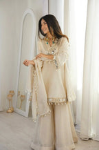 Ivory Organza Silk Sharara Set with Mirror Work (Wedding & Festive Wear)