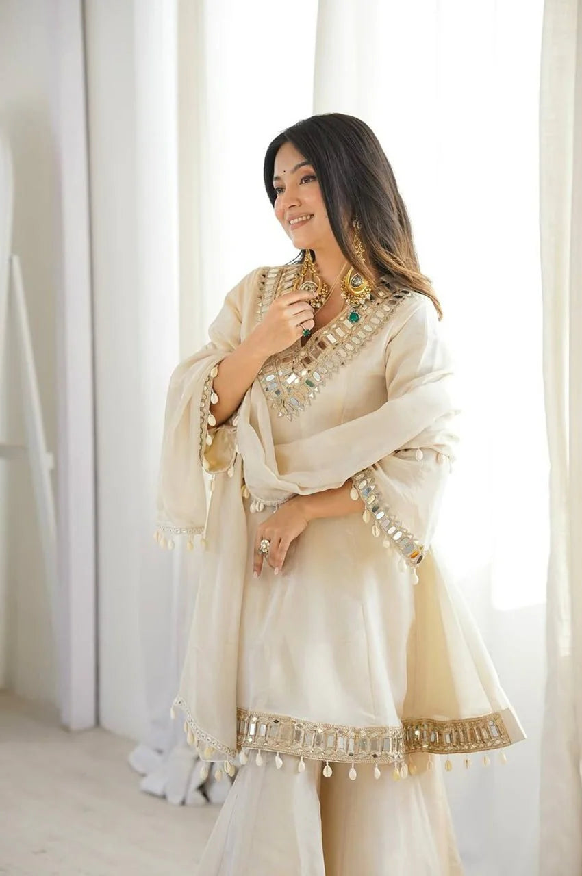 Ivory Organza Silk Sharara Set with Mirror Work (Wedding & Festive Wear)