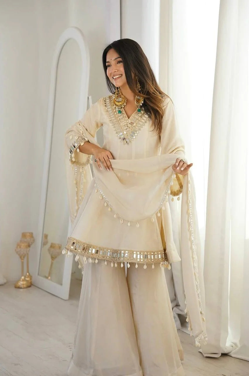 Ivory Organza Silk Sharara Set with Mirror Work (Wedding & Festive Wear)