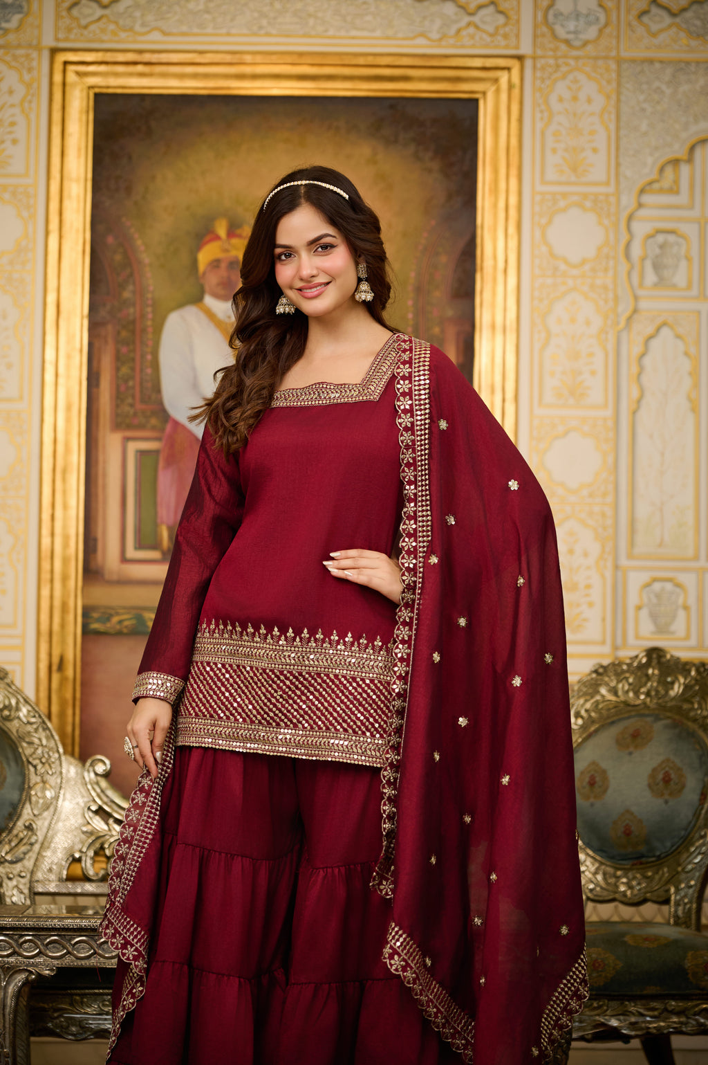 Traditional red sharara outfit for festive and wedding wear