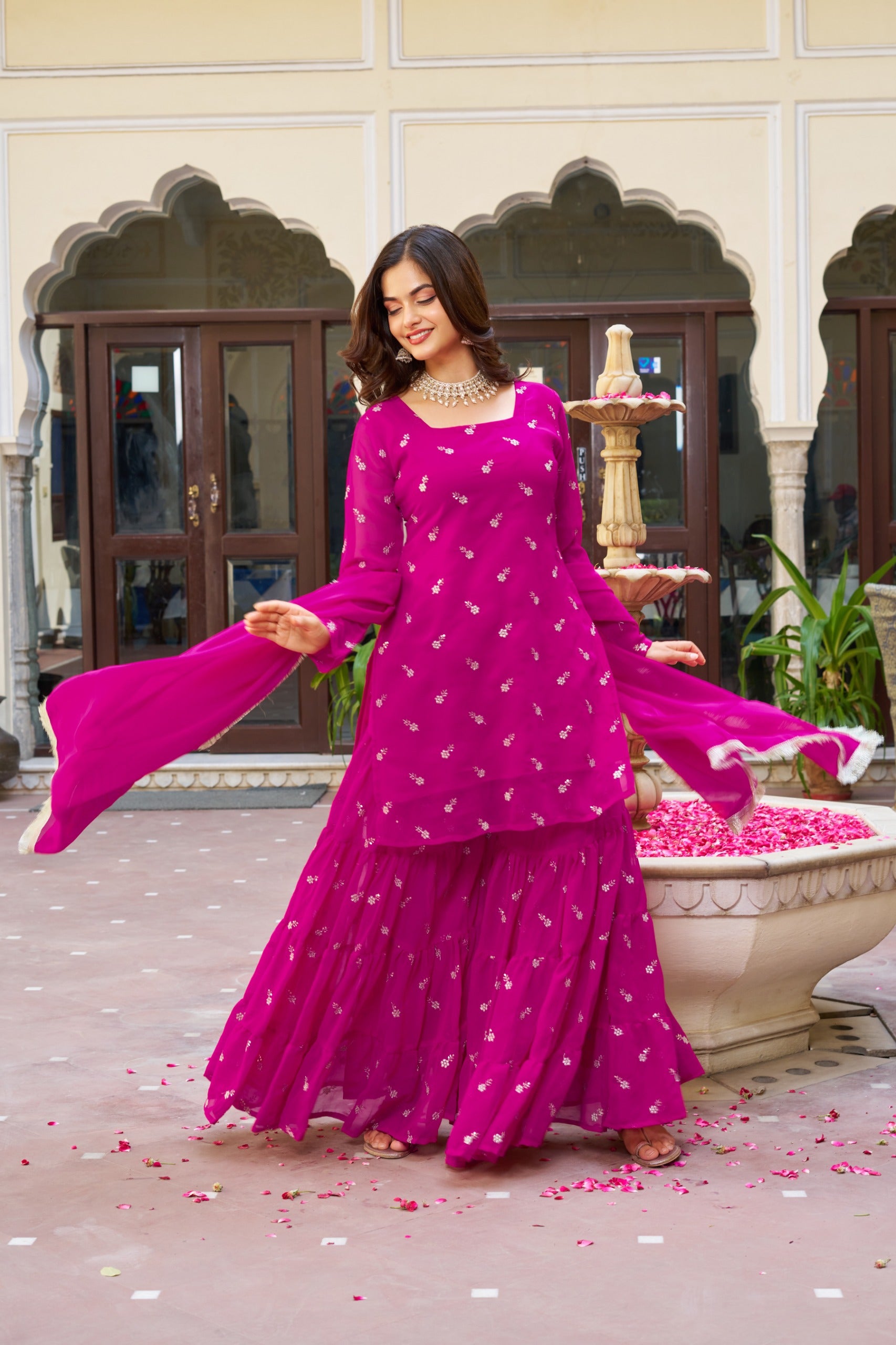 Magenta Designer Sharara Suit For Women | Festive Ethnic Wear | Premium Georgette Embroidered Sharara Set