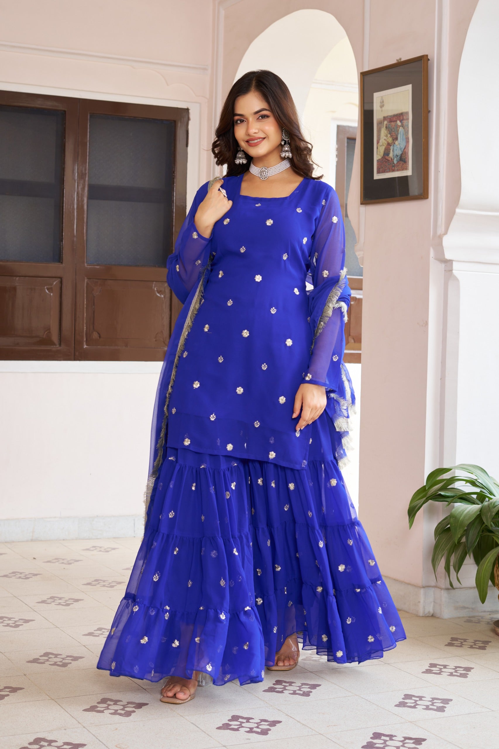 Women’s Royal Blue Sequin Embroidered Sharara Suit Set | Designer Festive & Wedding Partywear | Premium Ethnic Outfit with Dupatta
