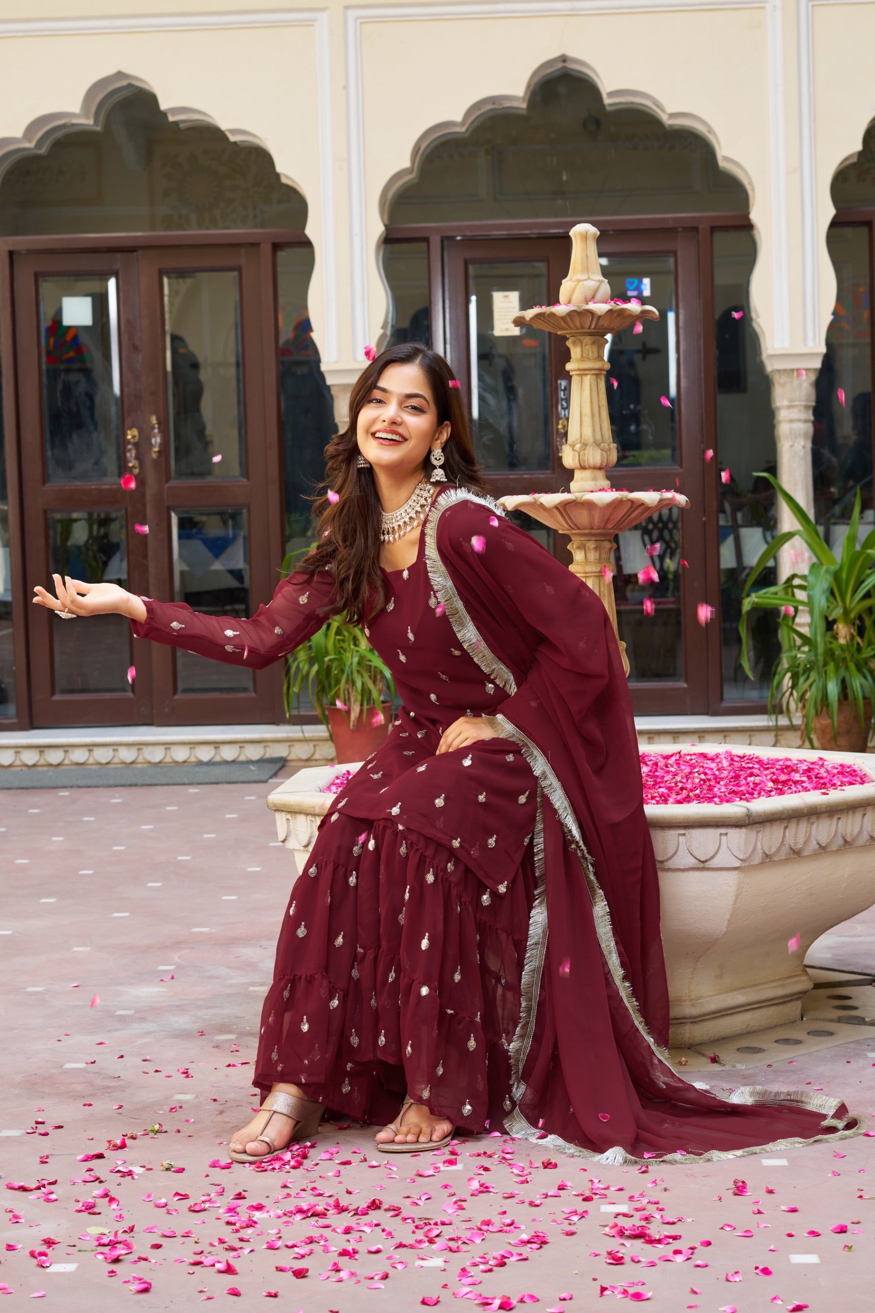 Women’s Wine Red Embroidered Sharara Suit Set | Premium Festive & Wedding Partywear | Designer Ethnic Outfit With Dupatta