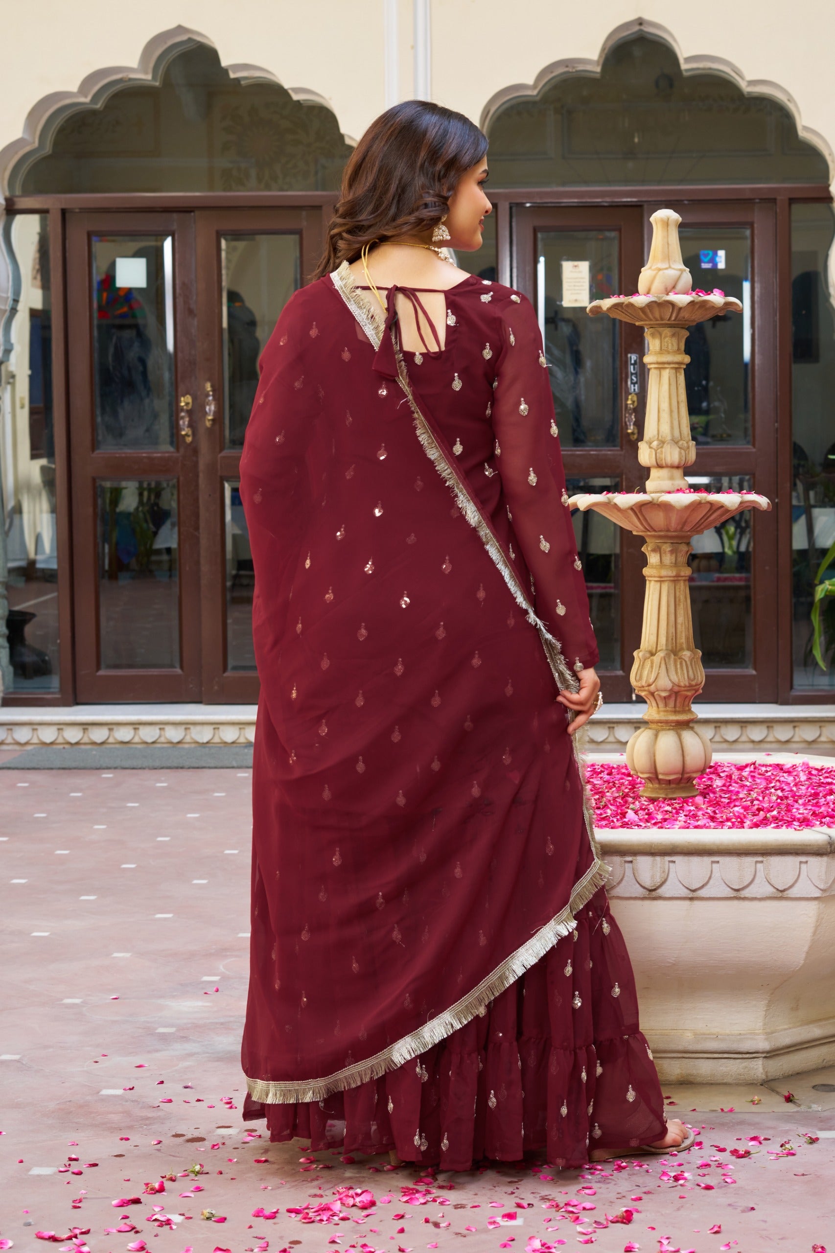 Women’s Wine Red Embroidered Sharara Suit Set | Premium Festive & Wedding Partywear | Designer Ethnic Outfit With Dupatta
