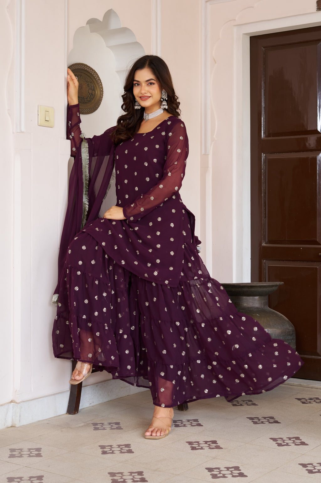 Premium Plum Mirror Work Sharara Suit for Women | Designer Festive Ethnic Wear Set | Partywear Georgette Sharara with Dupatta