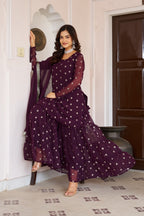 Premium Plum Mirror Work Sharara Suit for Women | Designer Festive Ethnic Wear Set | Partywear Georgette Sharara with Dupatta