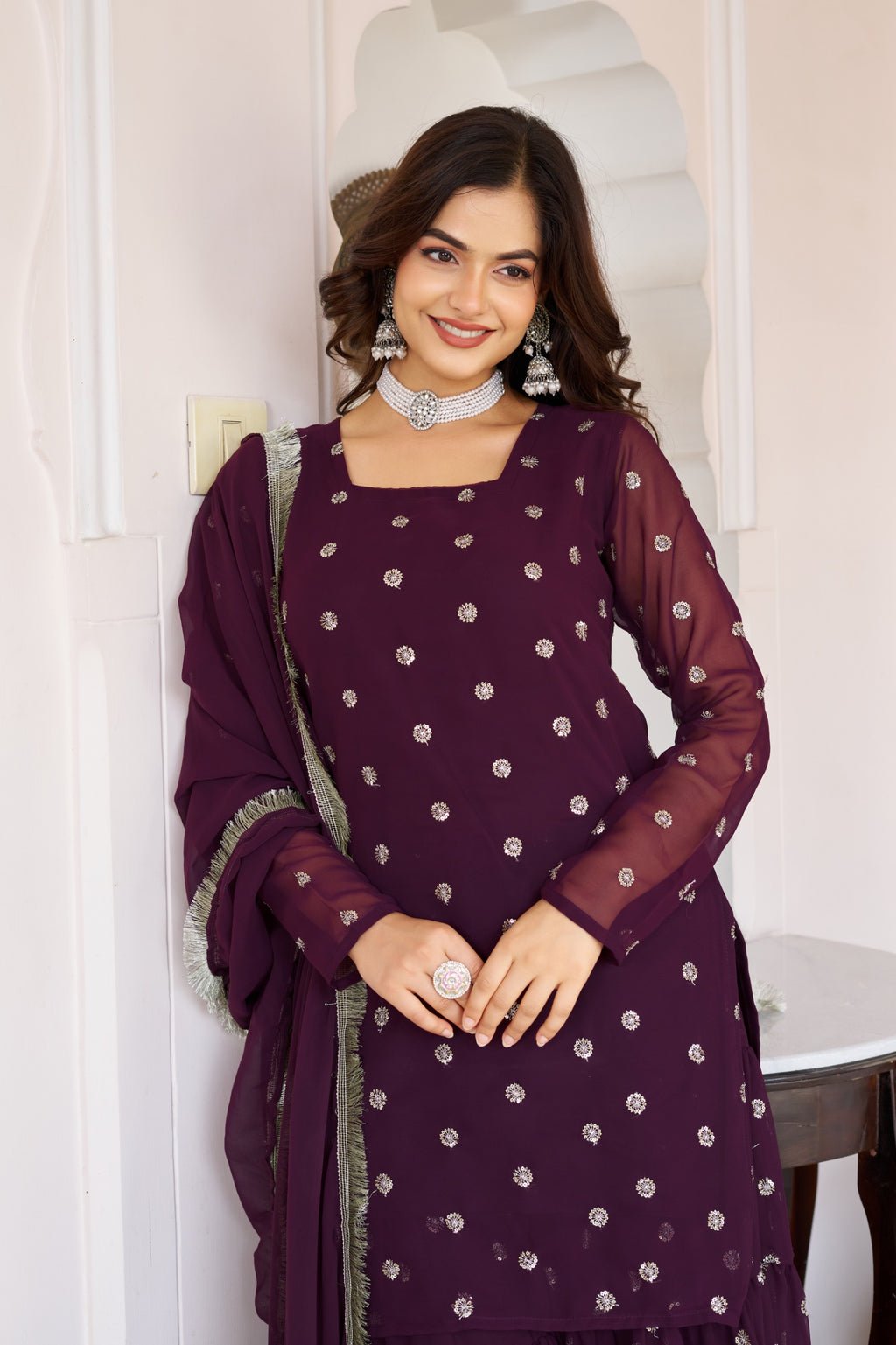 Premium Plum Mirror Work Sharara Suit for Women | Designer Festive Ethnic Wear Set | Partywear Georgette Sharara with Dupatta