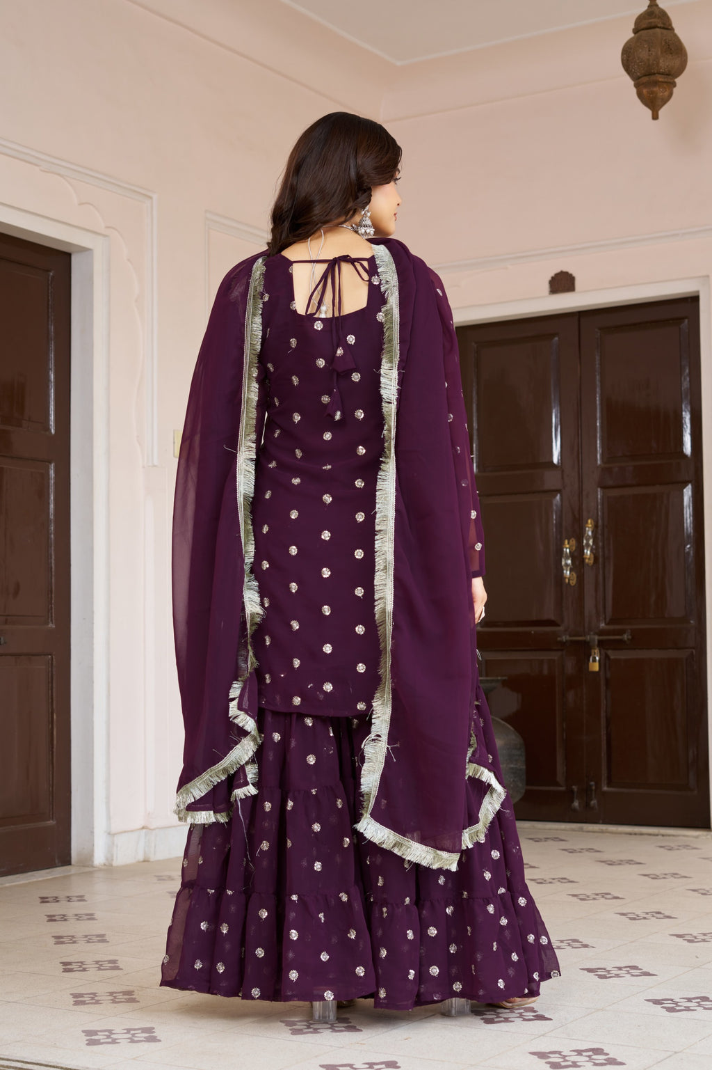 Premium Plum Mirror Work Sharara Suit for Women | Designer Festive Ethnic Wear Set | Partywear Georgette Sharara with Dupatta