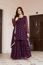 Premium Plum Mirror Work Sharara Suit for Women | Designer Festive Ethnic Wear Set | Partywear Georgette Sharara with Dupatta