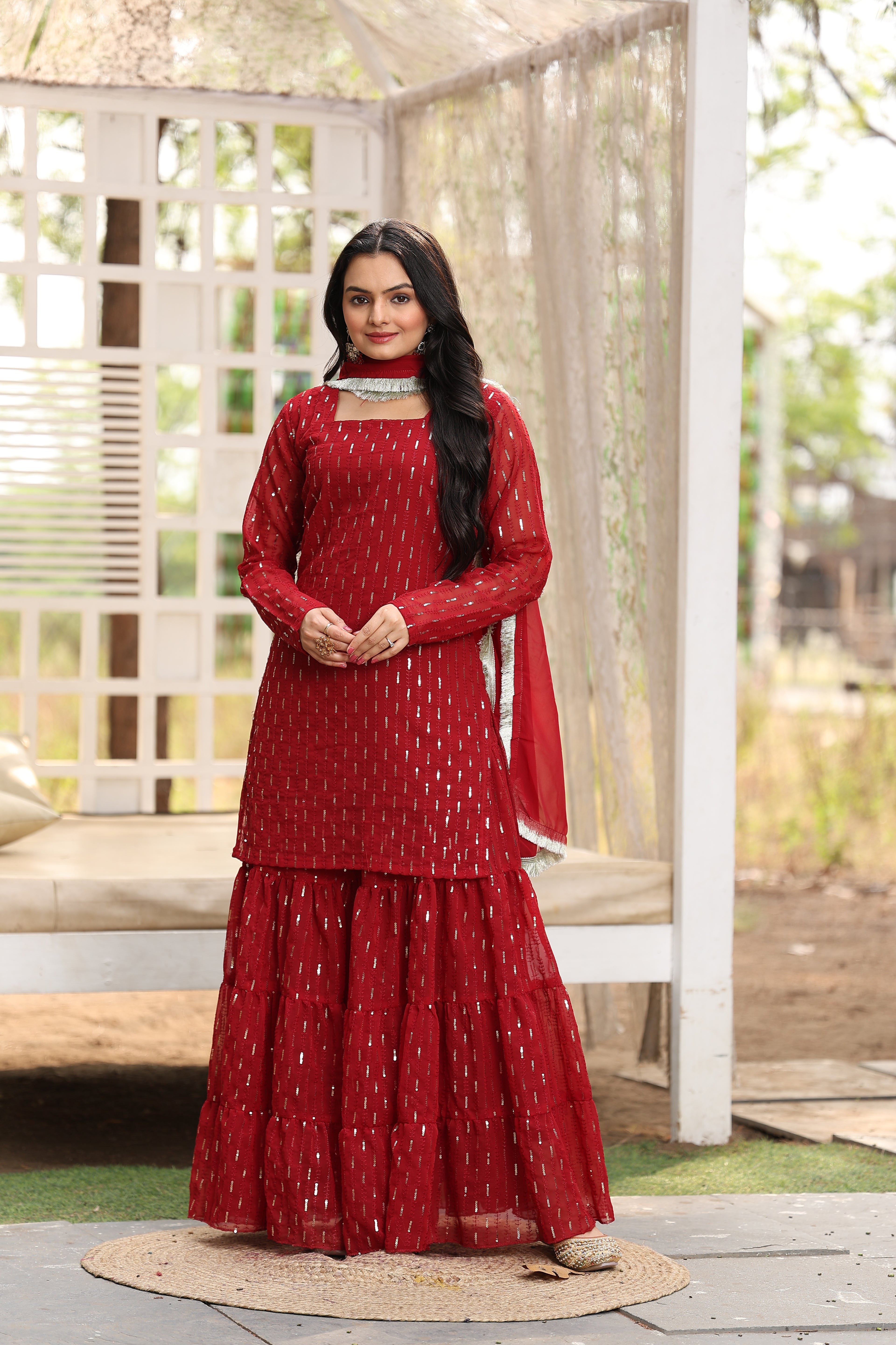 Designer Red Sequin Sharara Set for Women | Festive Partywear Ethnic O Story of Sharara Designer Red Sequin Sharara Set for Women | Festive Partywear Ethnic O Story of Sharara