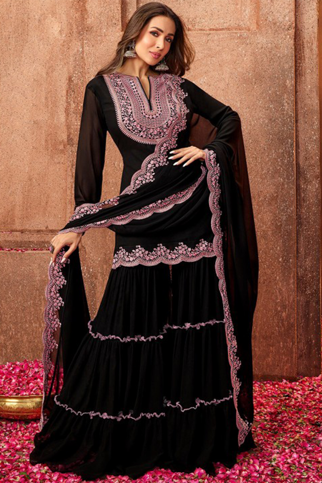 Black Embroidered Sharara Suit Set For Women | Premium Partywear Ethnic Dress With Dupatta