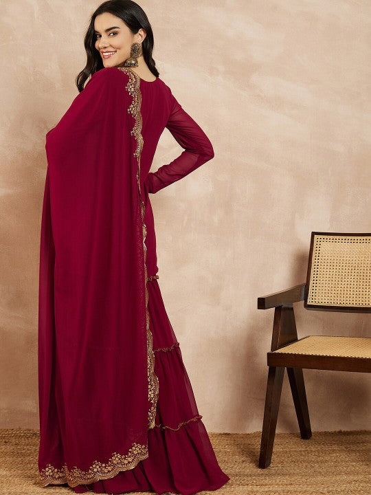 Maroon Embroidered Sharara Suit Set For Women | Premium Festive & Wedding Ethnic Wear With Dupatta