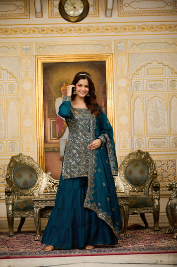 Women's teal blue sharara set with silver zari embroidery and matching dupatta — designer wedding partywear