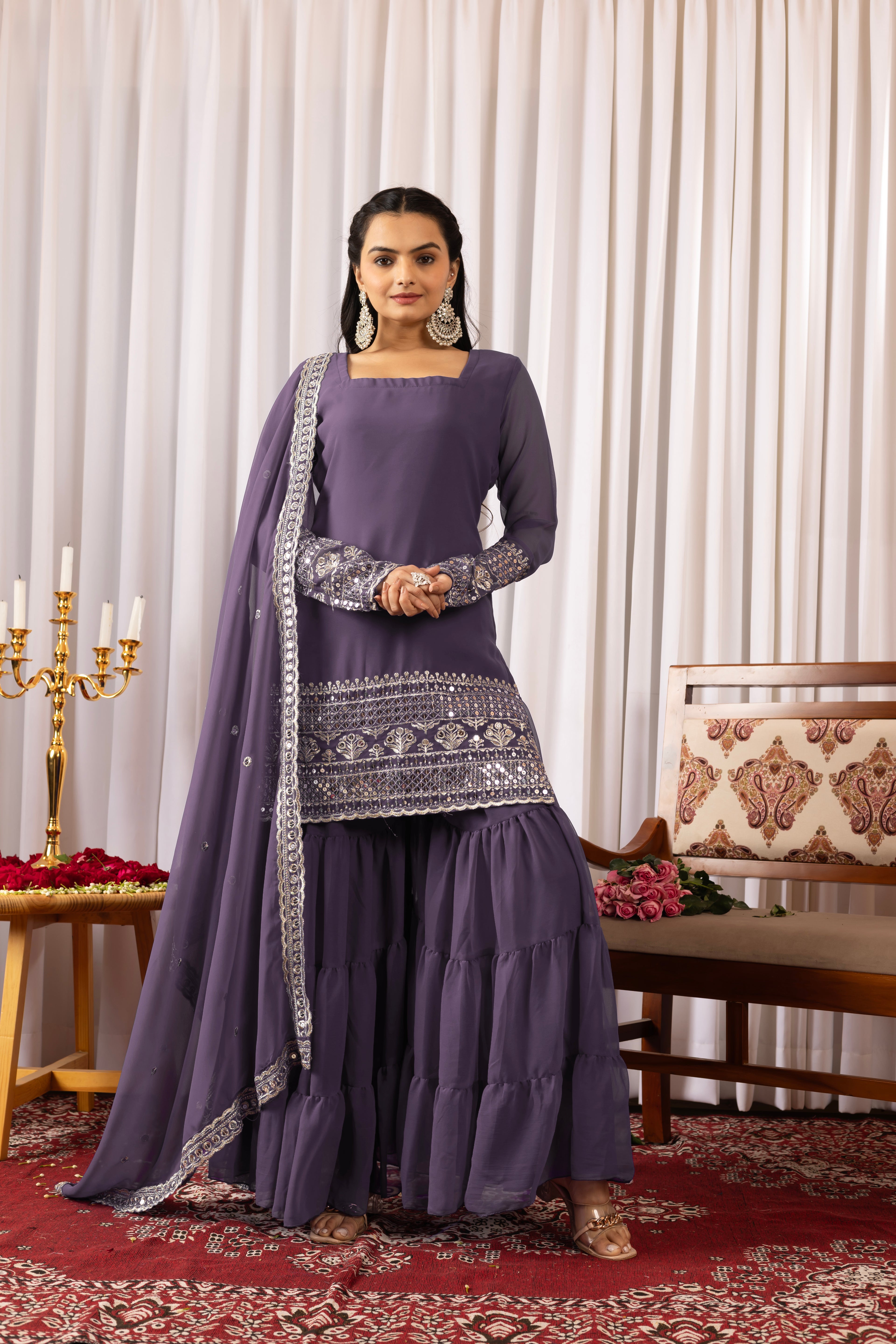 Onion Purple Mirror Work Sharara Suit For Women | Designer Festive Indian Ethnic Wear Set