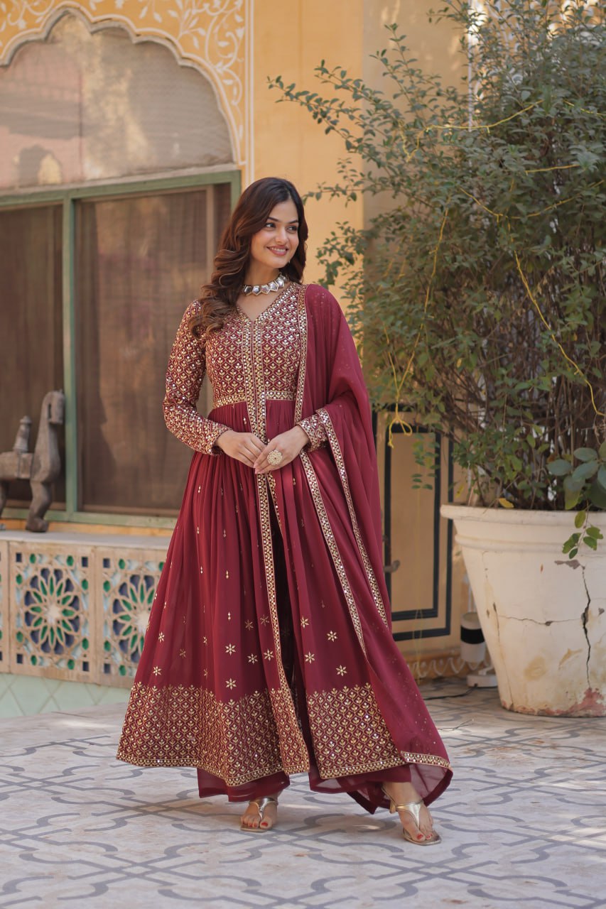 Marron Mirrorwork Sharara Set For Women | Designer Festive Wear Suit With Heavy Embroidery & Dupatta