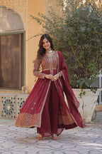 Marron Mirrorwork Sharara Set For Women | Designer Festive Wear Suit With Heavy Embroidery & Dupatta