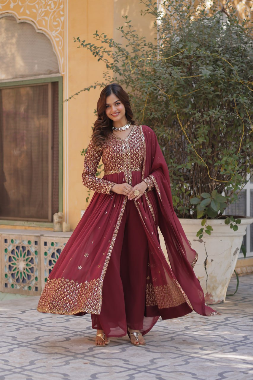 Marron Mirrorwork Sharara Set For Women | Designer Festive Wear Suit With Heavy Embroidery & Dupatta