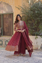 Marron Mirrorwork Sharara Set For Women | Designer Festive Wear Suit With Heavy Embroidery & Dupatta