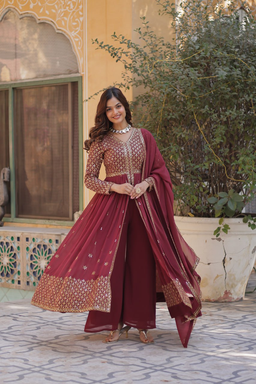 Marron Mirrorwork Sharara Set For Women | Designer Festive Wear Suit With Heavy Embroidery & Dupatta