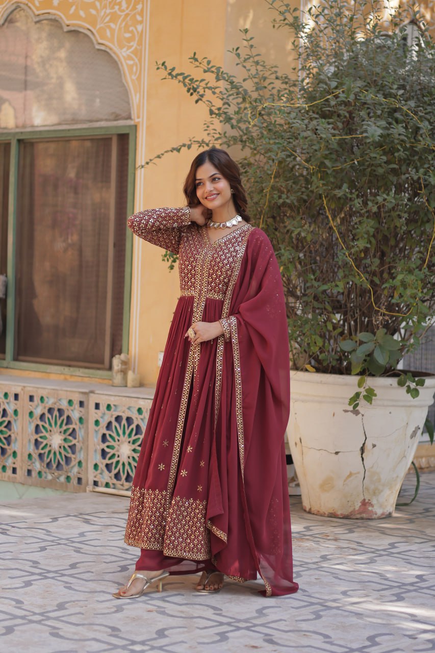 Marron Mirrorwork Sharara Set For Women | Designer Festive Wear Suit With Heavy Embroidery & Dupatta